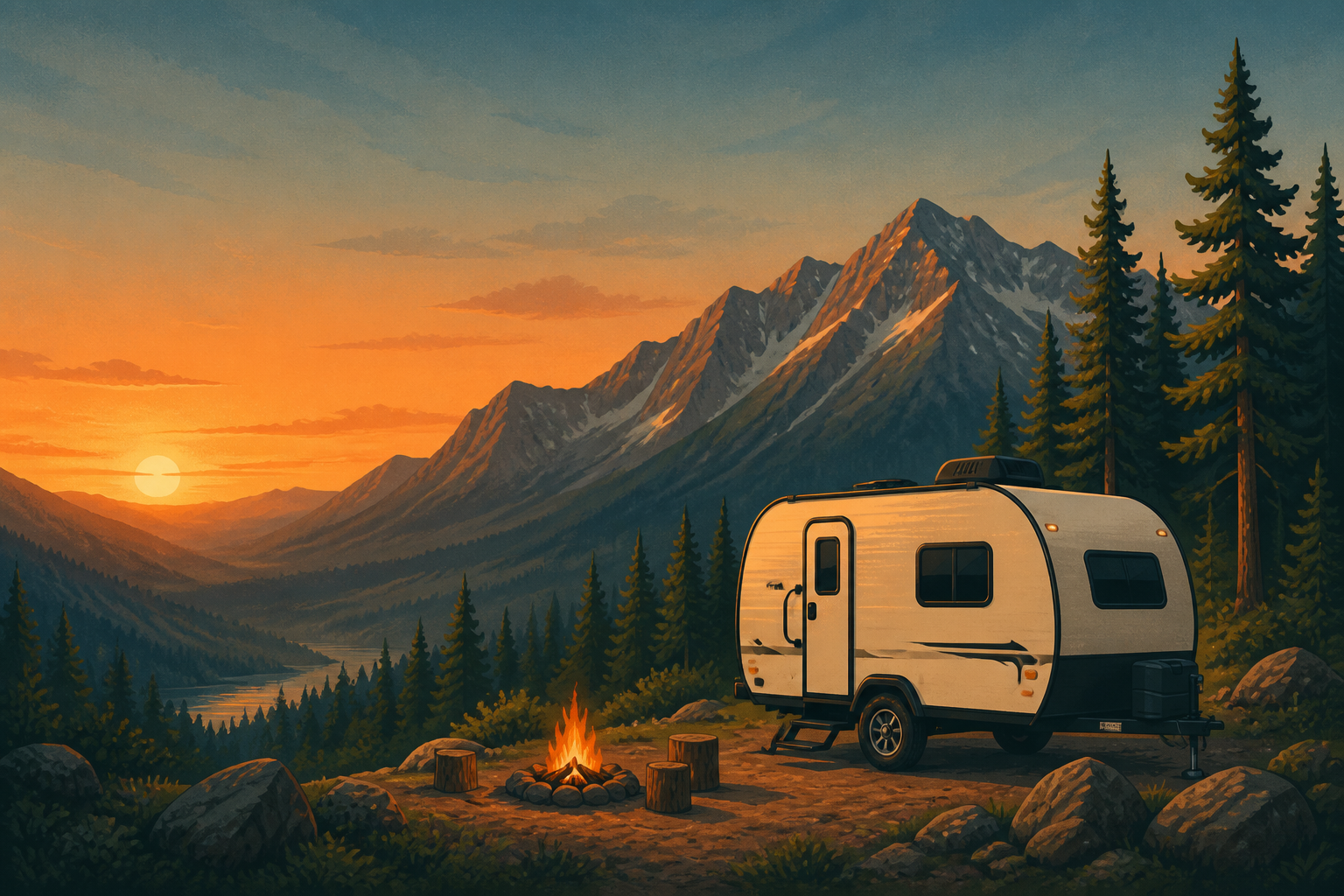 A cream travel trailer and campfire overlooking a mountain valley at sunset