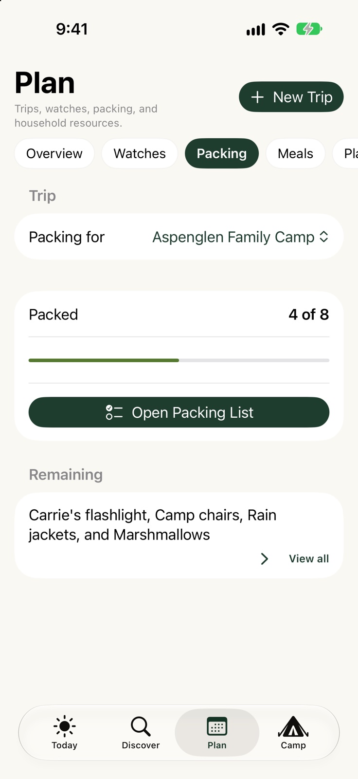 CampPro packing progress showing four of eight items packed