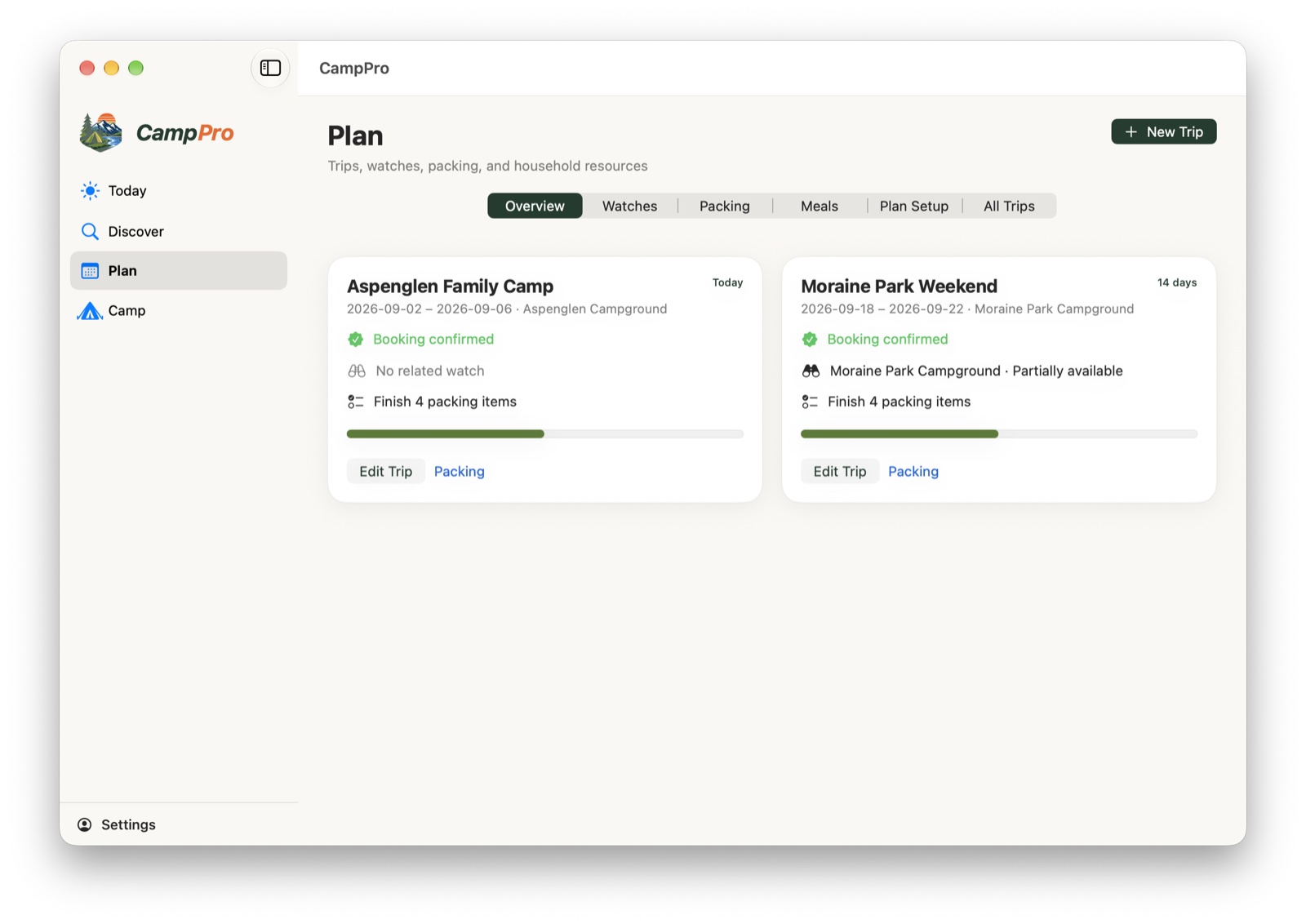 CampPro Plan screen