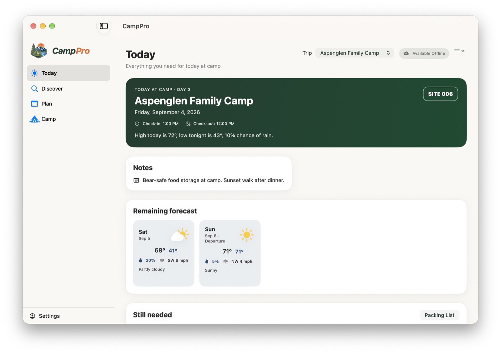 CampPro Today showing a confirmed campsite, weather, and trip essentials